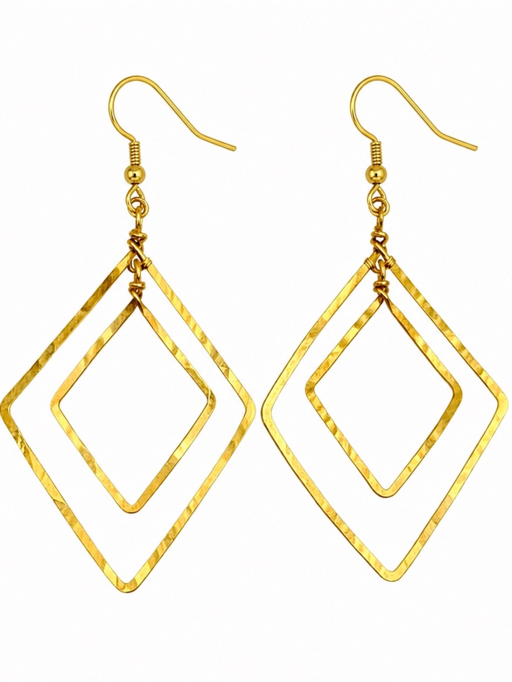 #21 Gold Handmade Hammered Double Diamond Dangle Earrings